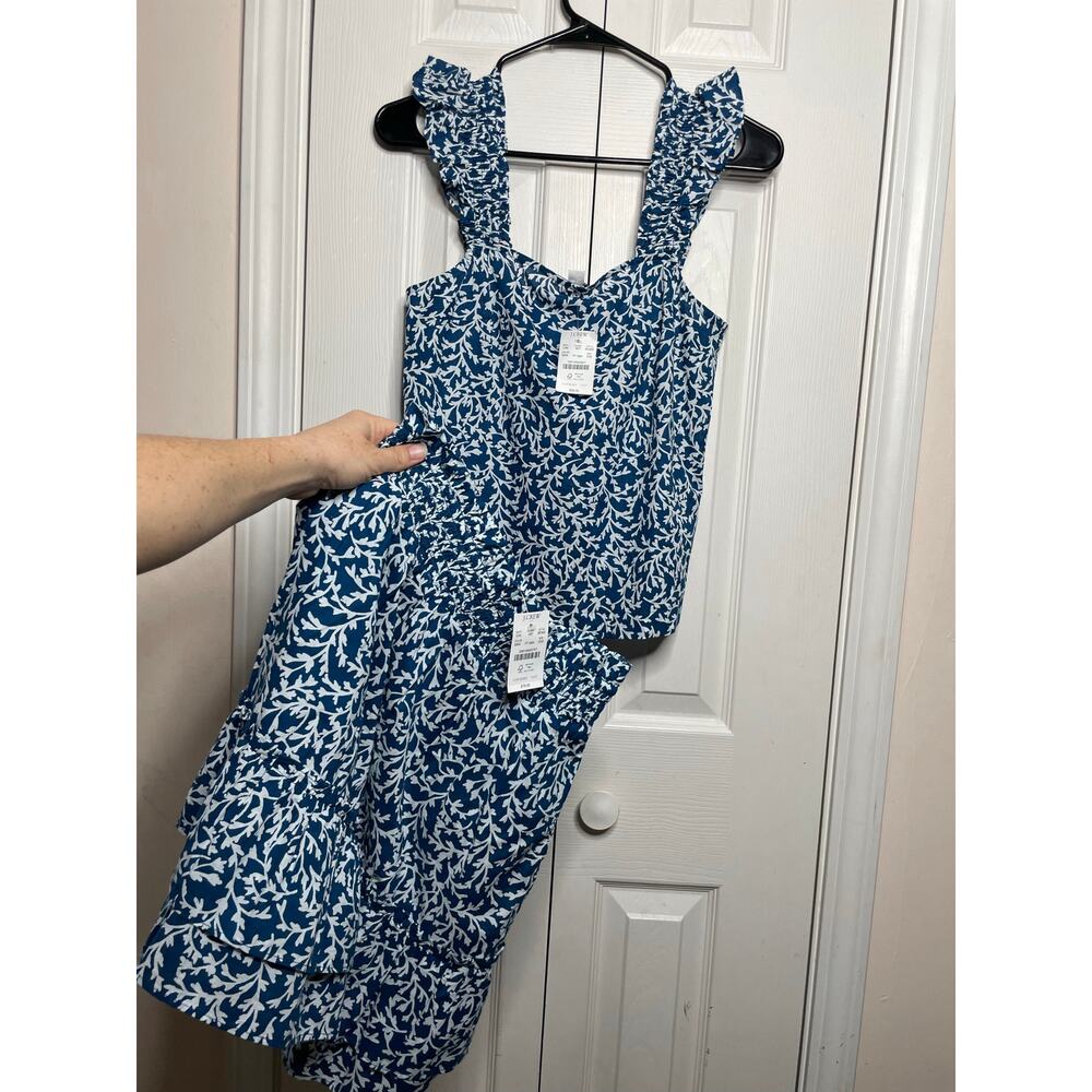 NEW J. Crew Smocked Ruffle Shoulder Blue Tank Top Blouse Skirt Set Womens XXS